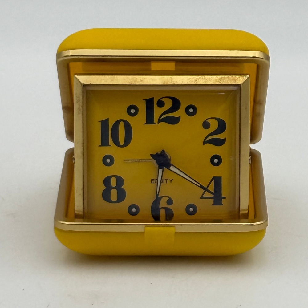 Vintage Equity Travel Alarm Clock Yellow Clamshell Manual Wind Up Gold Tone Trim